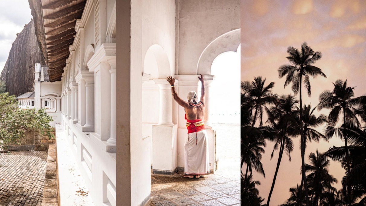Drieluik uit Sri Lanka: silhouetten van palmbomen bij zonsondergang, Dambulla, en een traditioneel geklede persoon die zich uitstrekt tegen een witte boog in een historisch gebouw.