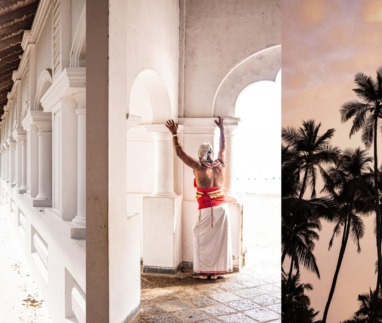 Drieluik uit Sri Lanka: silhouetten van palmbomen bij zonsondergang, Dambulla, en een traditioneel geklede persoon die zich uitstrekt tegen een witte boog in een historisch gebouw.