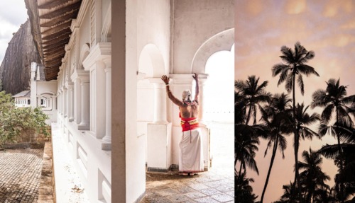 Drieluik uit Sri Lanka: silhouetten van palmbomen bij zonsondergang, Dambulla, en een traditioneel geklede persoon die zich uitstrekt tegen een witte boog in een historisch gebouw.