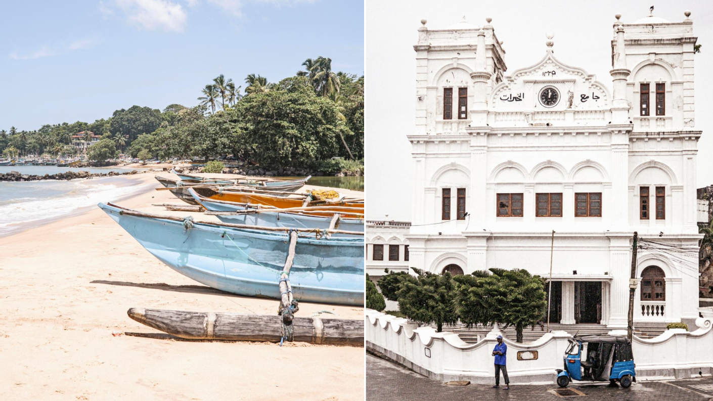 Tangalle-strand met vissersboten en koloniale moskee in Galle, Sri Lanka.