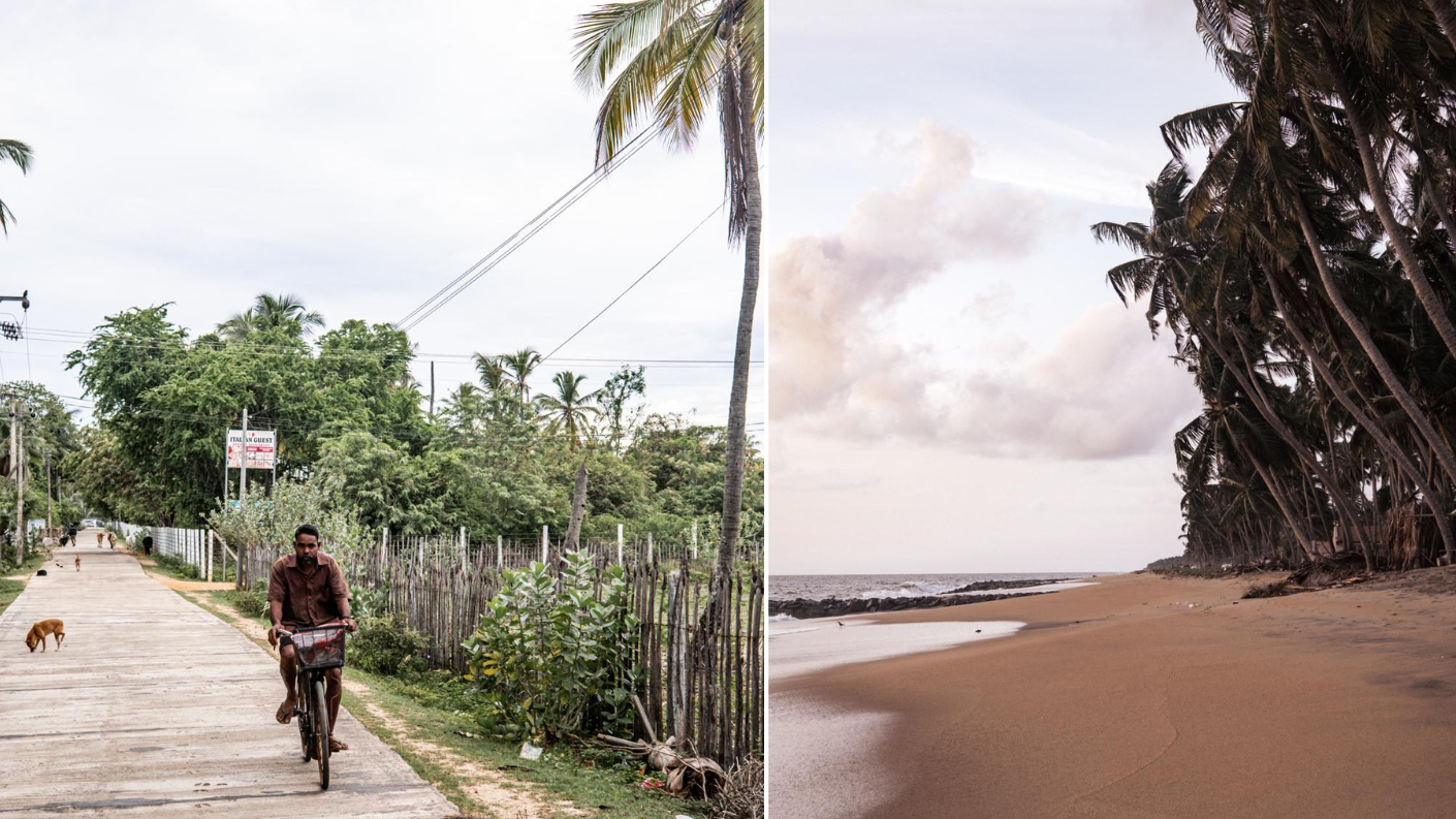Man fietst door Trincomalee en verlaten strand met palmbomen bij zonsondergang in Sri Lanka.