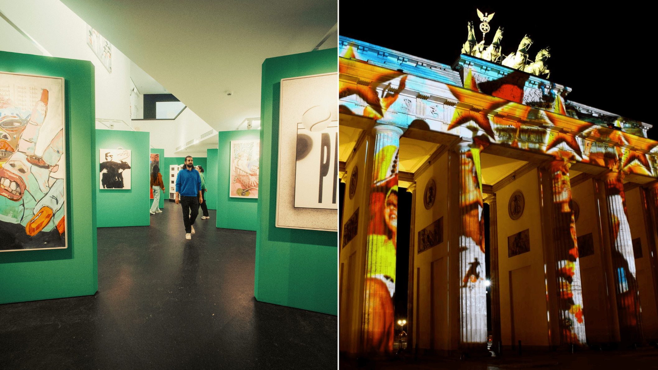 Binnenruimte van het Urban Nation Museum en kleurrijke projectie op de Brandenburger Tor tijdens het Festival of Lights in Berlijn.