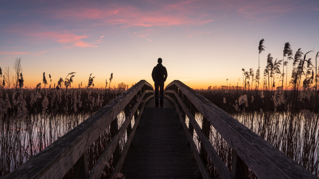 Man staat tijdens zonsondergang op een smalle brug tussen het riet