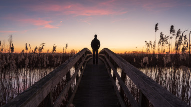 Man staat tijdens zonsondergang op een smalle brug tussen het riet