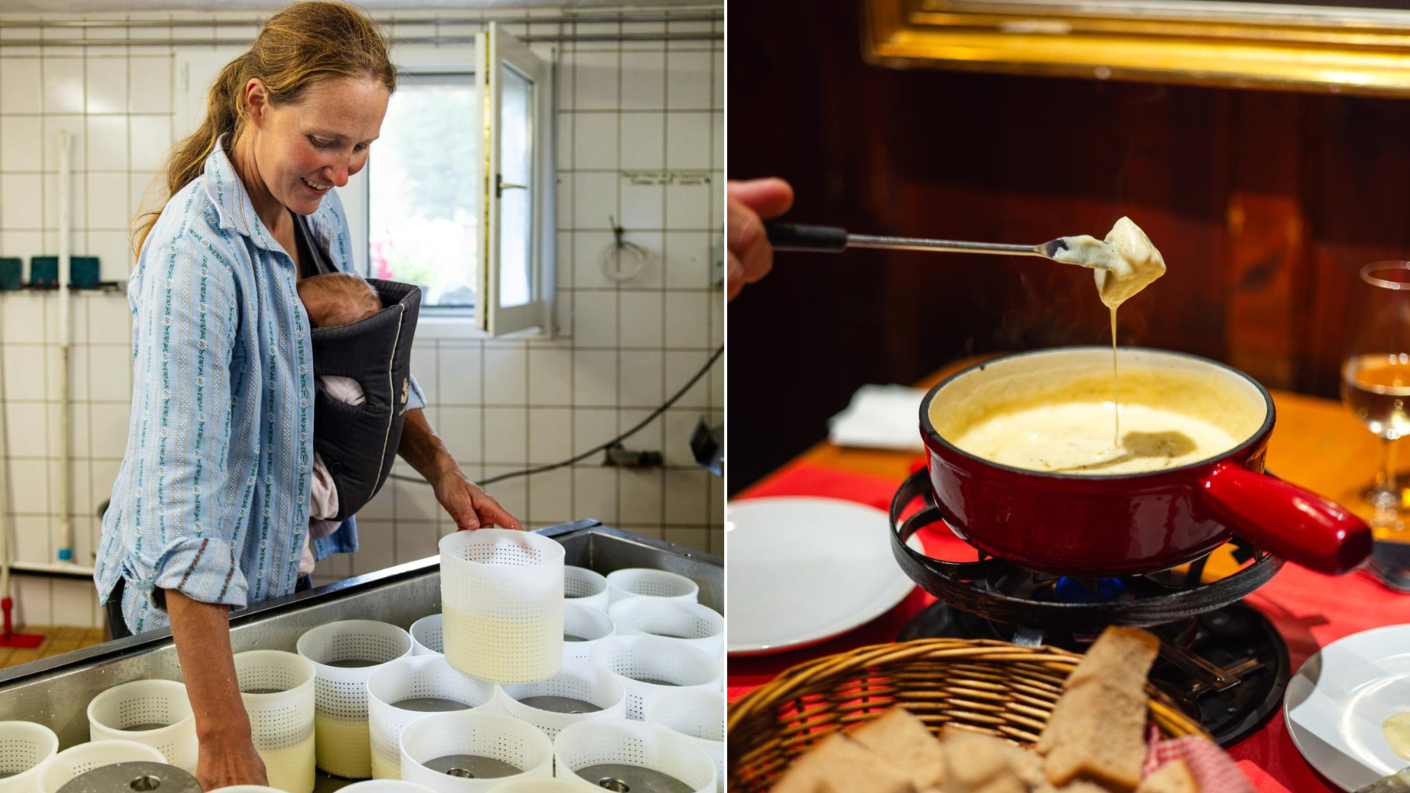 Kaasproductie op boerderij en traditionele Zwitserse kaasfondue.