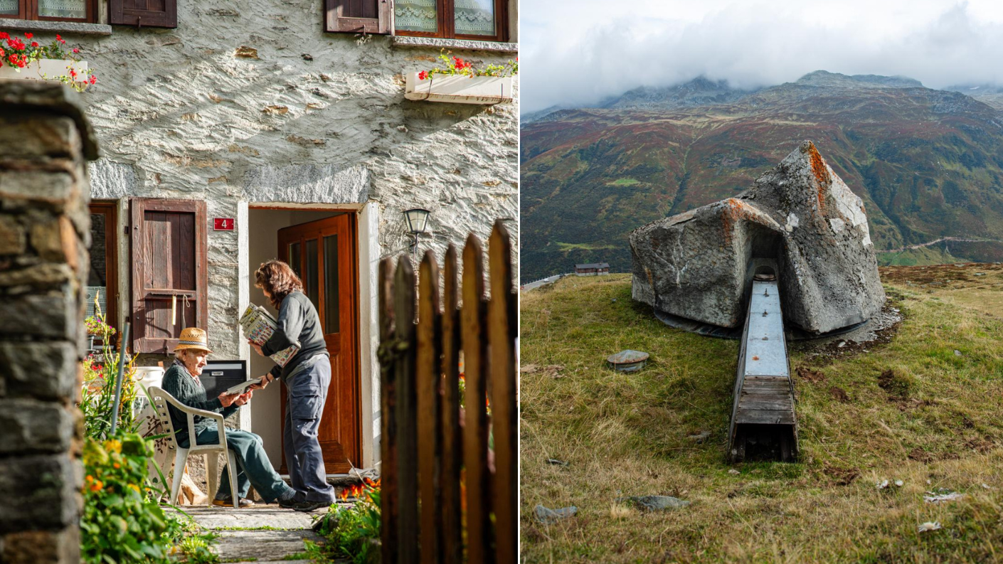 Links: twee mensen in gesprek voor een traditioneel stenen huis in een Zwitsers bergdorp; rechts: een oud militair bouwwerk van beton en steen in de Alpen bij Sasso San Gottardo.