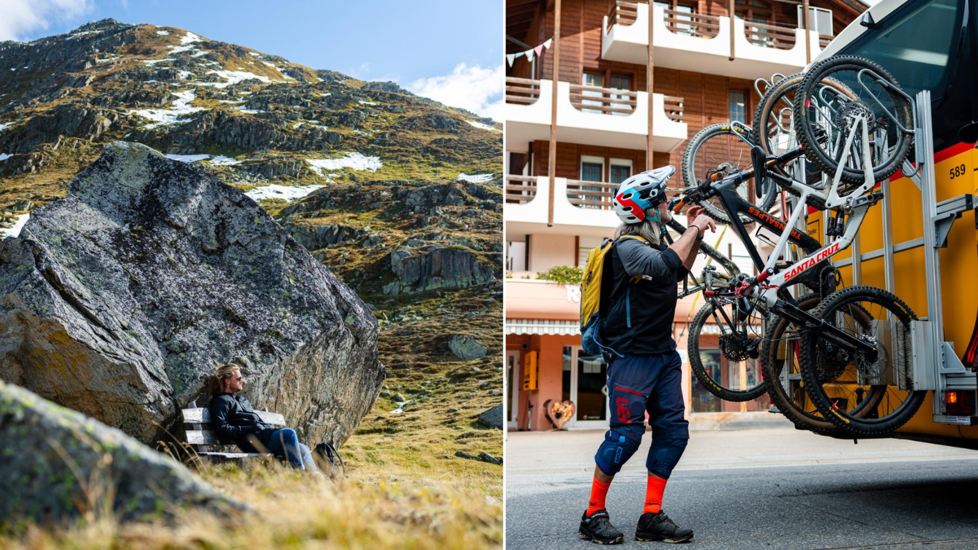Wandelaar in de bergen en mountainbiker bij Zwitserse postbus.