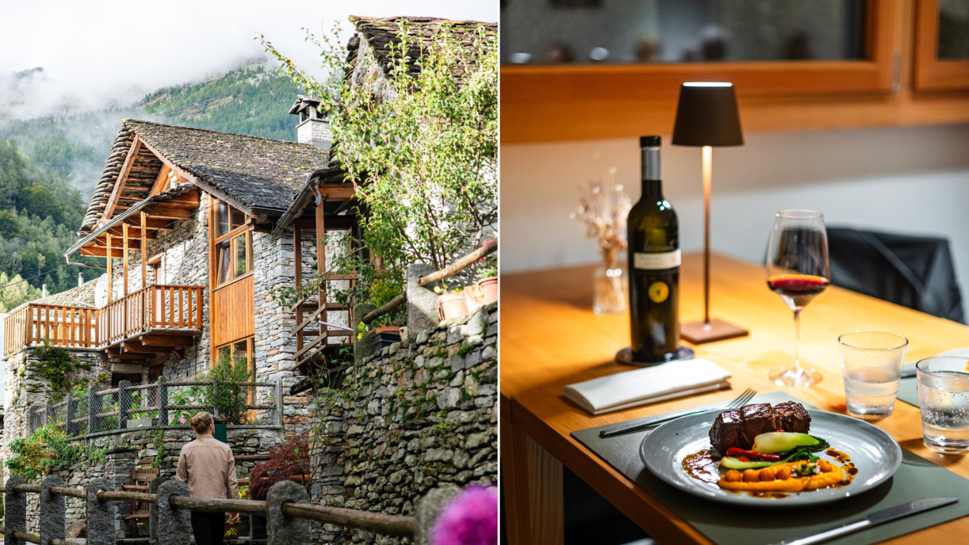 Traditionele granieten huizen en culinair diner met wijn in Zwitserland.