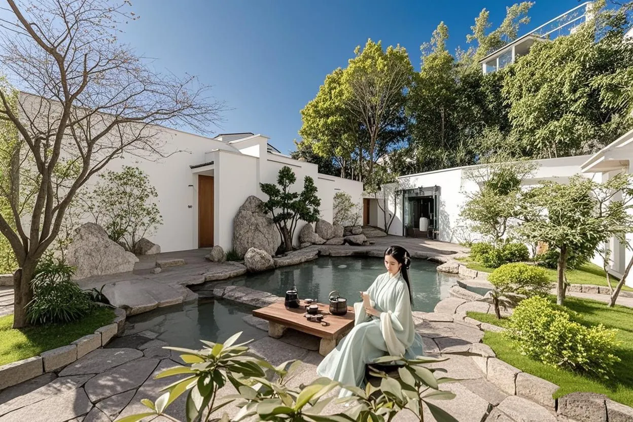 Vrouw in traditionele kleding voert een theeritueel uit in de tuin van Tengchong Nansu · Timeli Lakeside Yard, met vijver en moderne witte paviljoens