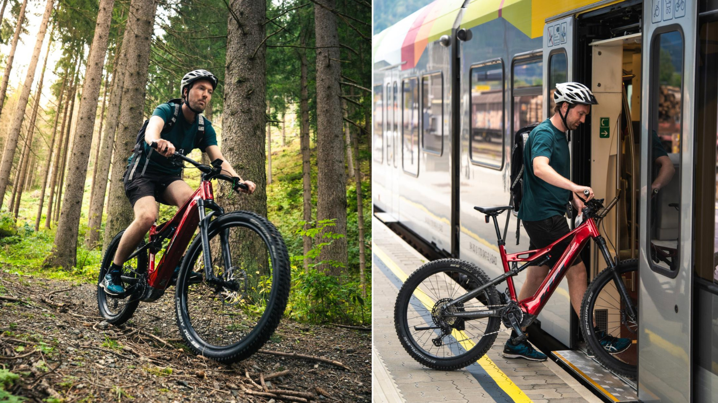 Mountainbiker in de bossen van Oost-Tirol en hetzelfde traject per regionale trein met fietsinstap.