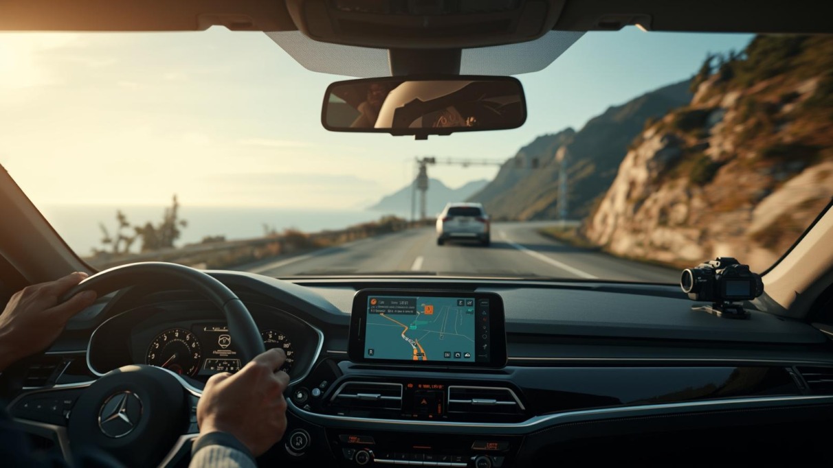 Shot binnen een auto met bestuurder die via de telefoon op navigatie rijdt