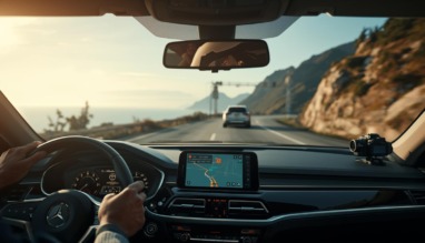 Shot binnen een auto met bestuurder die via de telefoon op navigatie rijdt