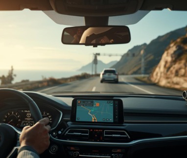 Shot binnen een auto met bestuurder die via de telefoon op navigatie rijdt