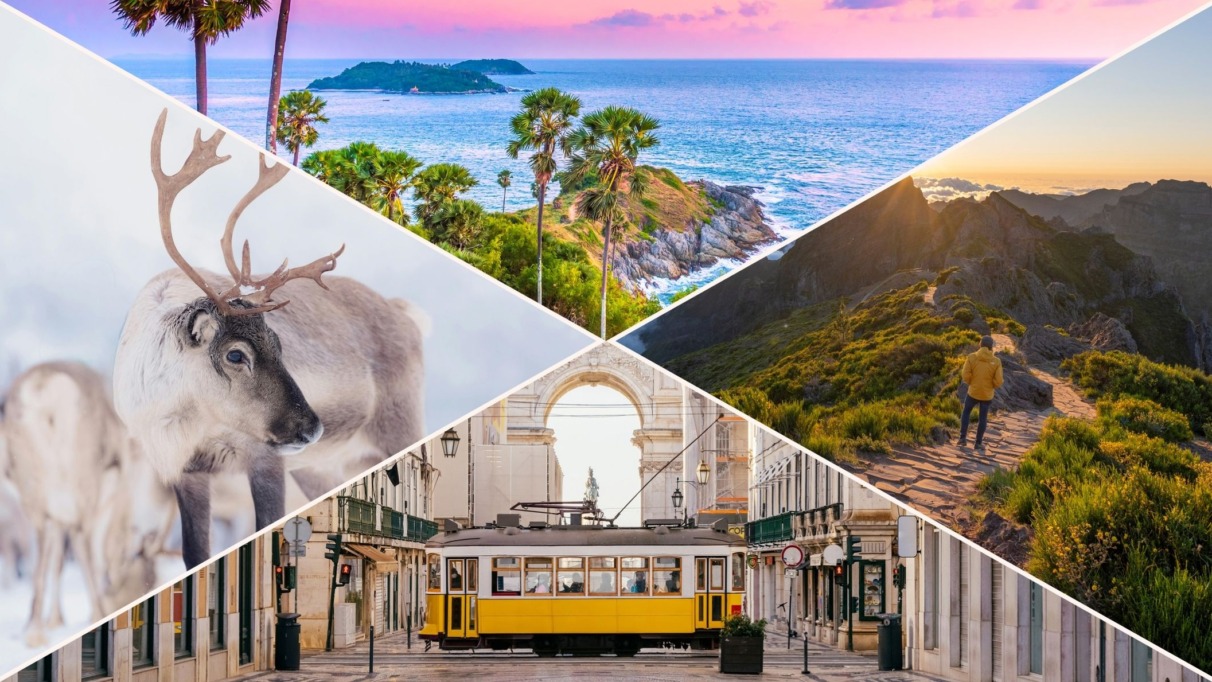 Compilatiebeeld van de goedkoopste bestemmingen om in 2025 volgens skyscanner naartoe te vliegen