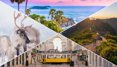 Compilatiebeeld van de goedkoopste bestemmingen om in 2025 volgens skyscanner naartoe te vliegen