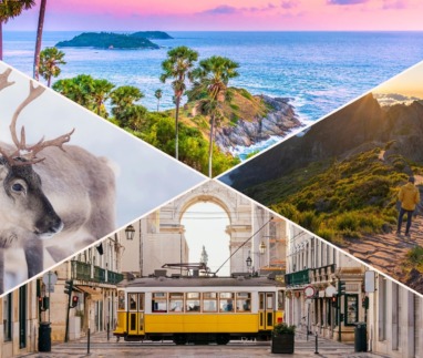 Compilatiebeeld van de goedkoopste bestemmingen om in 2025 volgens skyscanner naartoe te vliegen