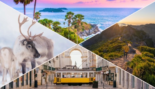 Compilatiebeeld van de goedkoopste bestemmingen om in 2025 volgens skyscanner naartoe te vliegen