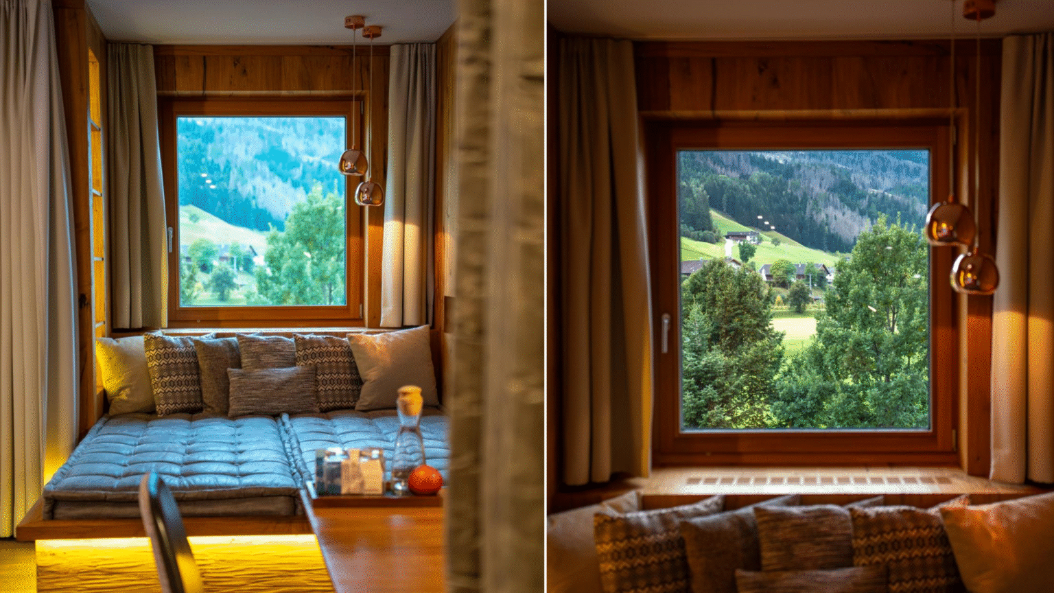 Uitzicht op het Drautal en de omliggende bergen vanuit een knusse zithoek bij het raam in Sporthotel Sillian.