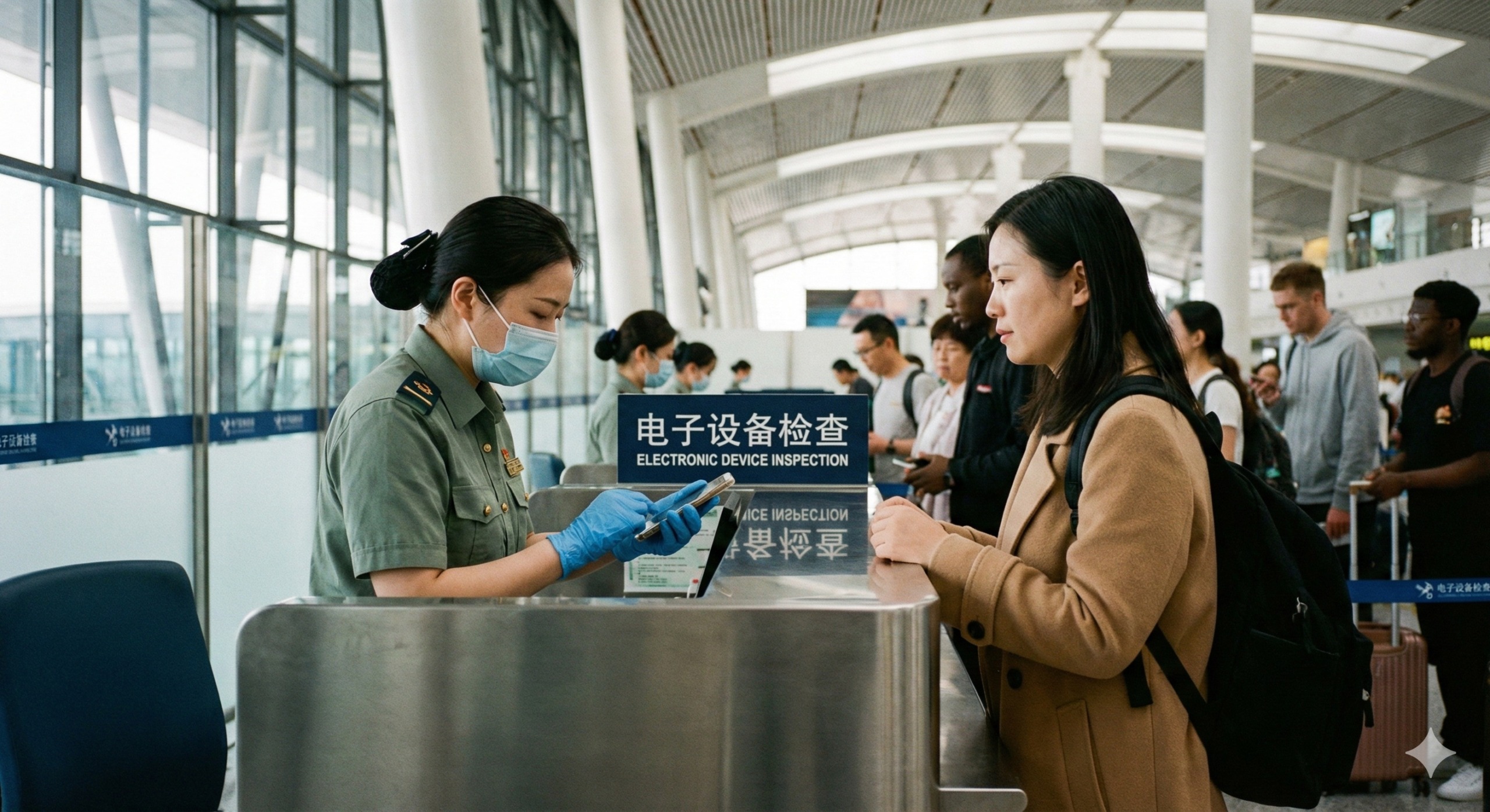 Grensbeambte China controleert telefoon van reiziger