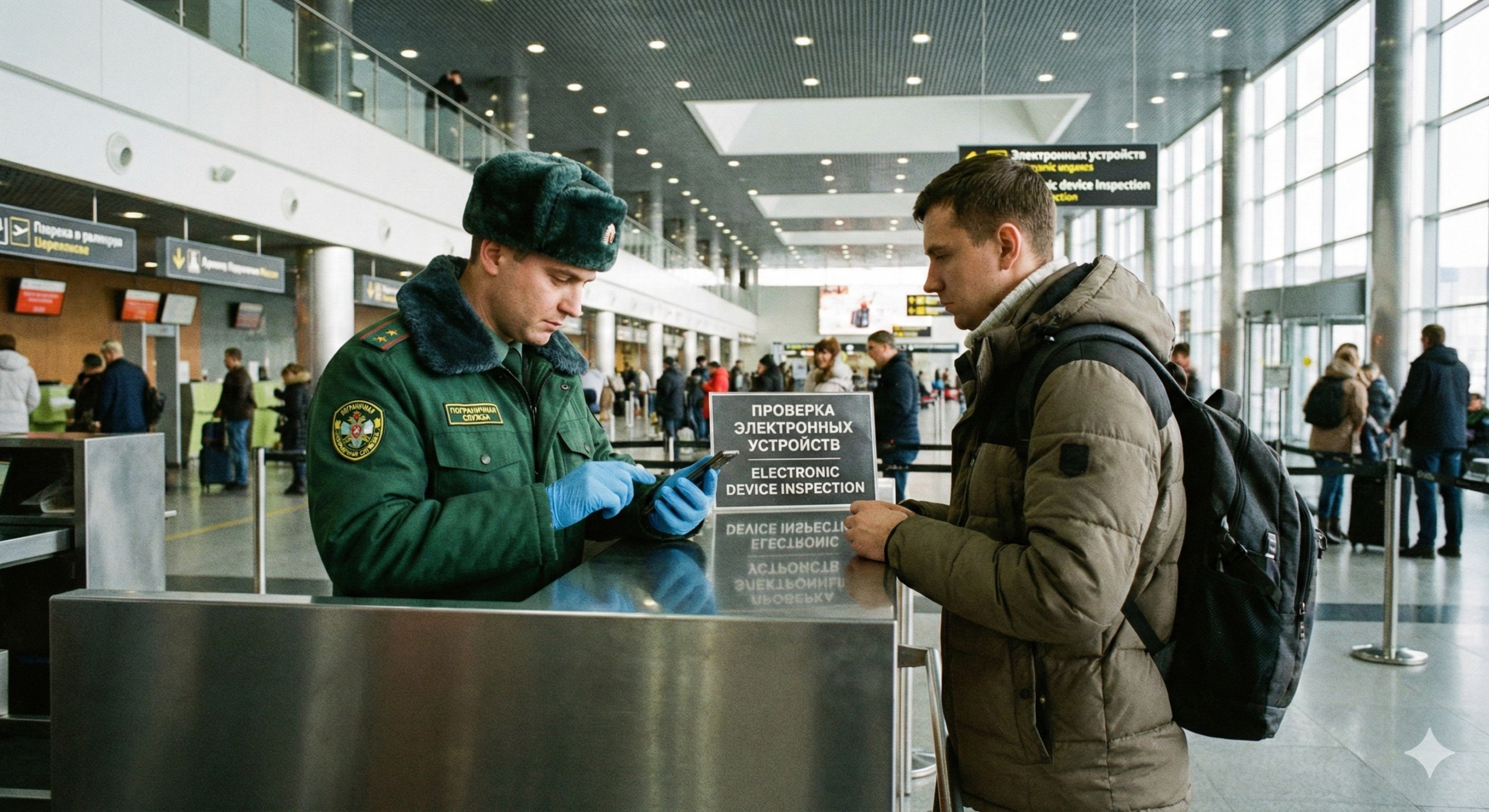 Russische grenscontrole checkt telefoon van reiziger op de luchthaven