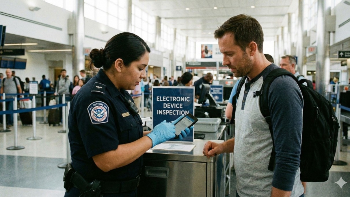 Vrouwelijke grensbeambte in de Verenigde Staten controleert de mobiele telefoon van een mannelijke passagier op het vliegveld