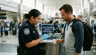 Vrouwelijke grensbeambte in de Verenigde Staten controleert de mobiele telefoon van een mannelijke passagier op het vliegveld