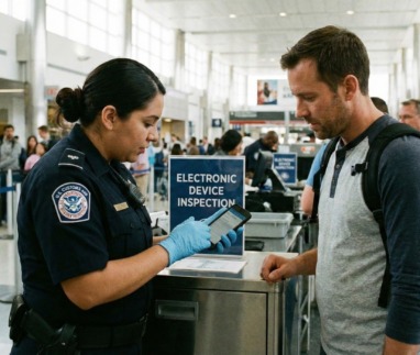 Vrouwelijke grensbeambte in de Verenigde Staten controleert de mobiele telefoon van een mannelijke passagier op het vliegveld