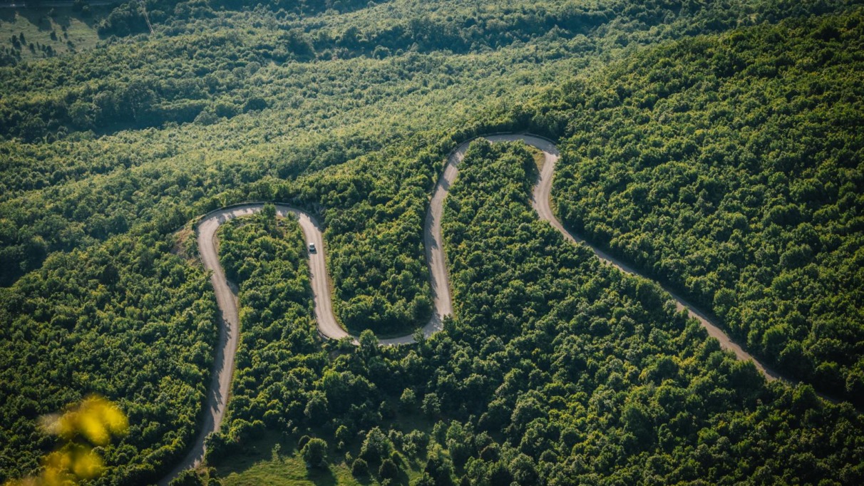 Luchtfoto van een slingerende bergweg door dicht bebost landschap in Noord-Macedonië
