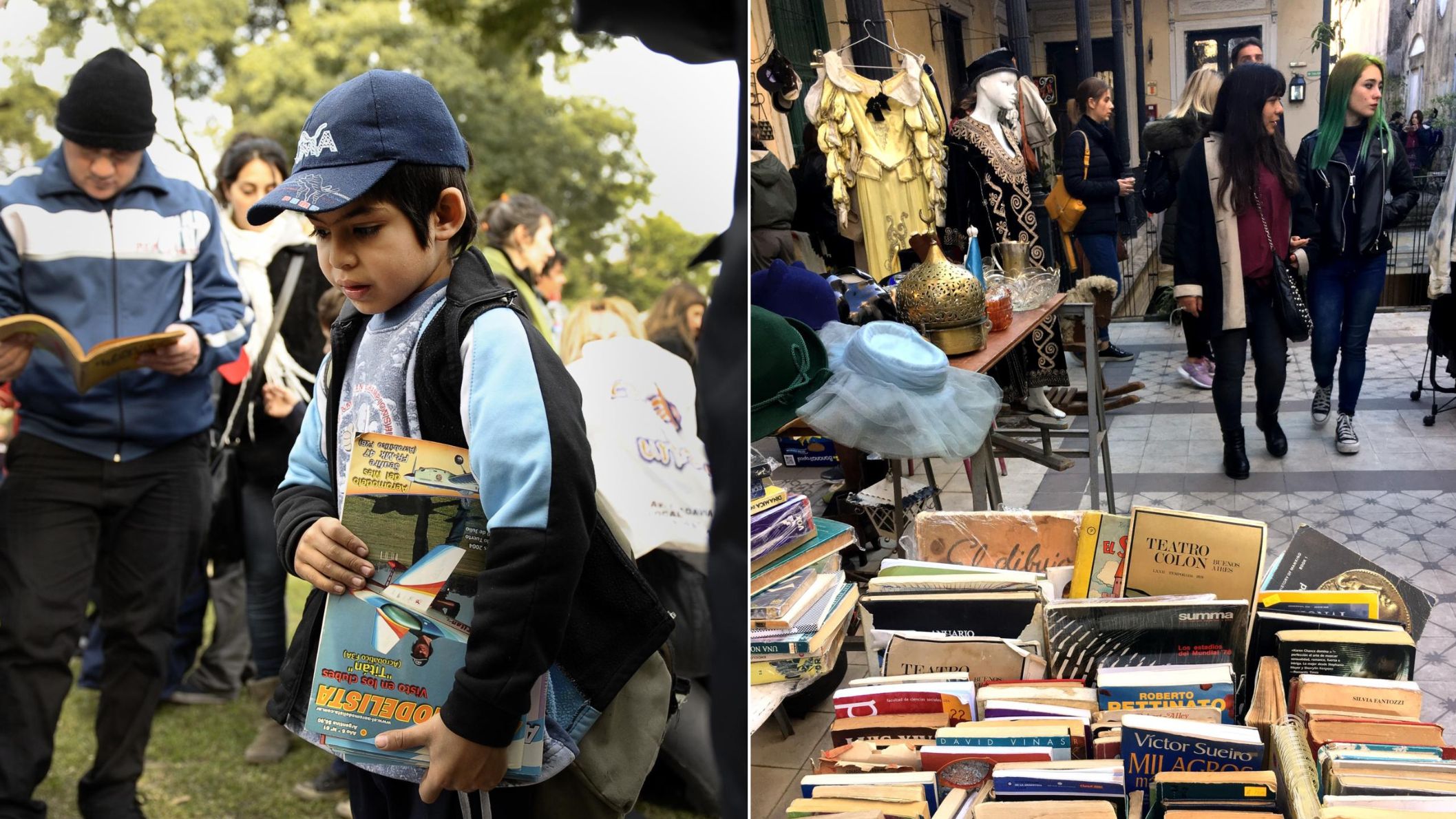 Kind met boeken en kraampjes op een boekenmarkt in Buenos Aires.