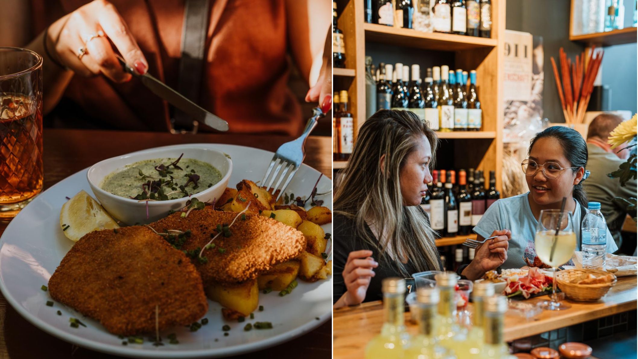 Traditionele Frankfurter schnitzel en gasten die eten en drinken in een restaurant in Frankfurt.