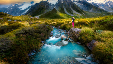 View of MT COOK in summer takes photo by woman traveler photographer, the nature landscape photo on unique and populars famous place for tourist visit in summer season of South Island of New Zealand