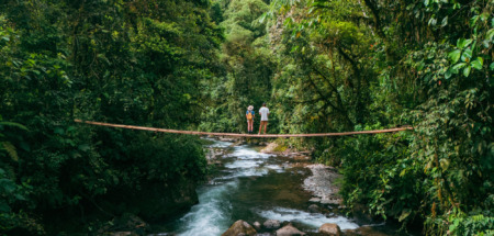 Twee reizigers staan op een hangbrug in de jungle