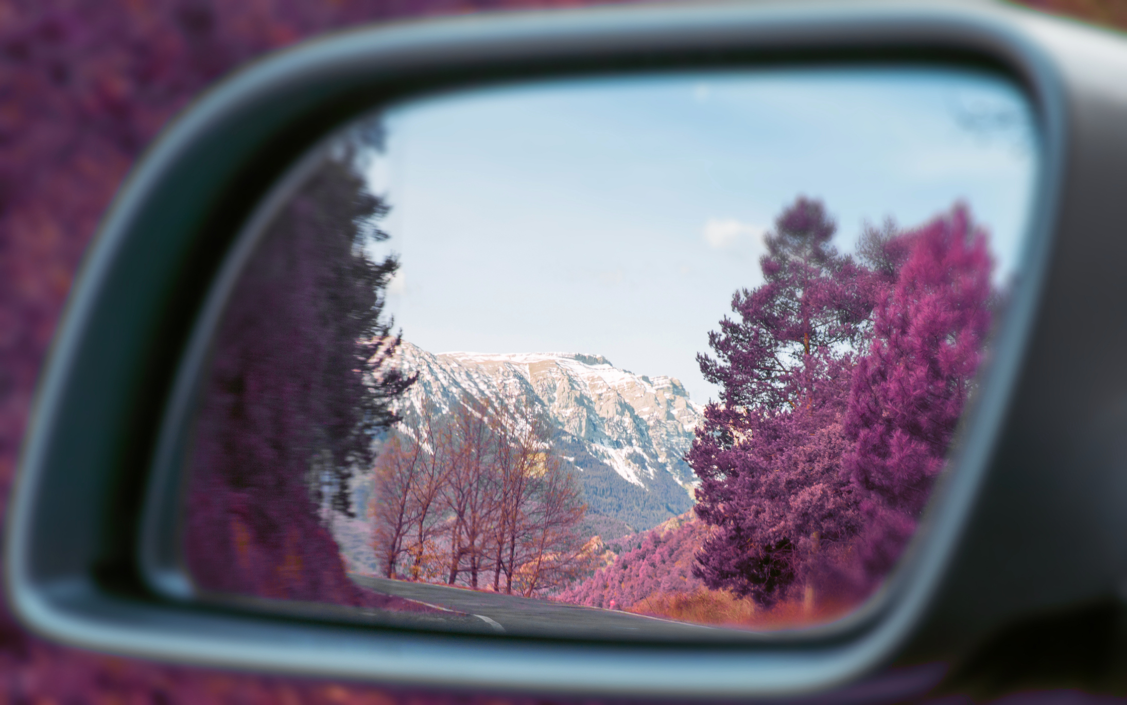 Catalaanse Pyreneeën omhuld door paarse vegetatie, gezien door een autospiegel tijdens een roadtrip