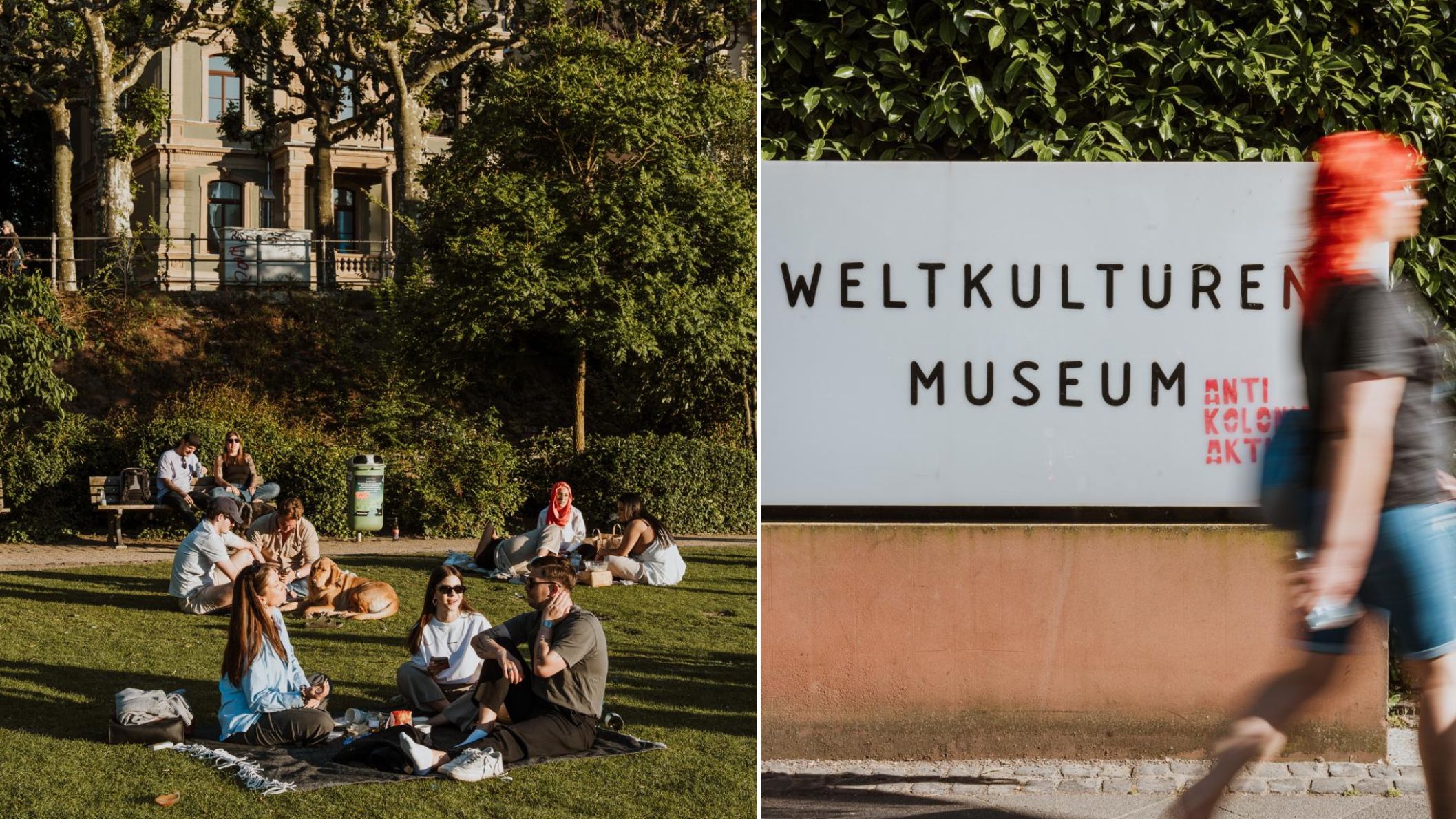 Mensen die picknicken langs de Main bij het Weltkulturen Museum in Frankfurt.