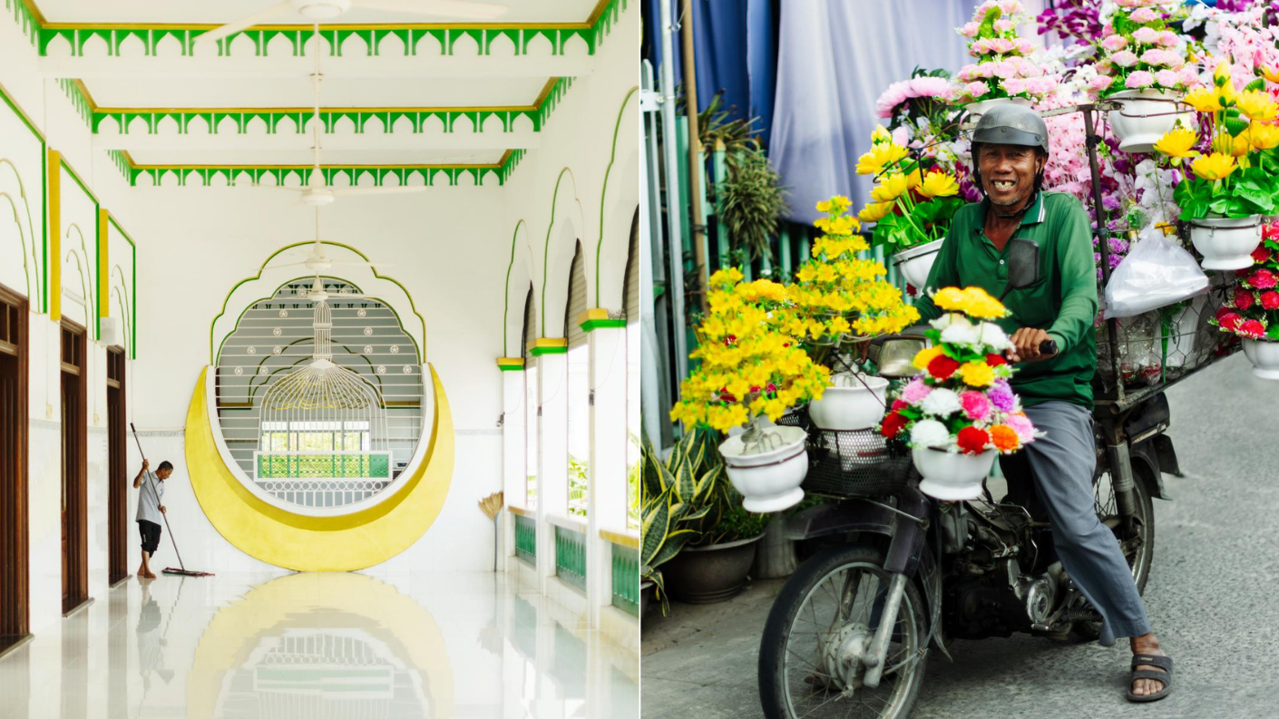 Interieur van de Al-Ehsan-moskee in de Mekongdelta en een bloemenverkoper op een motorfiets in Vietnam