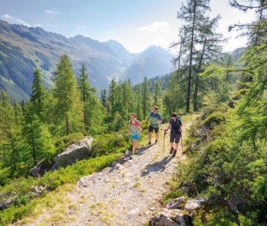 3 wandelaars hiken over de Alpgues Rundweg in Montafon, Oostenrijk