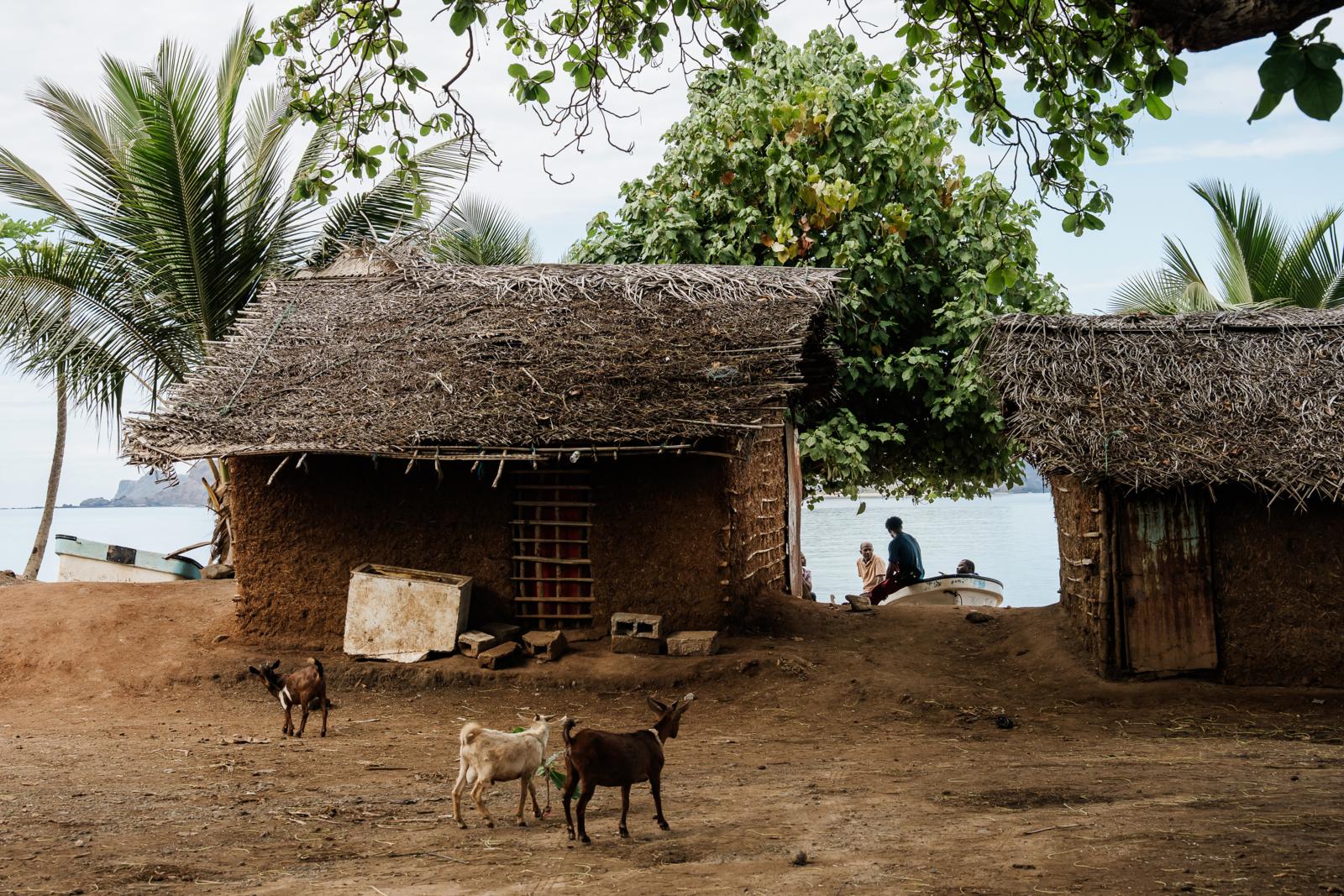 Traditionele hutten in Nioumachoua op Mohéli met vissers en boten aan zee in de Comoren