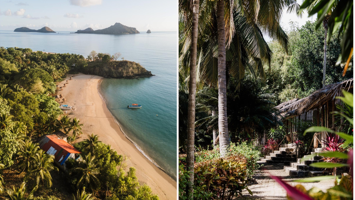 Luchtfoto van strand en bungalows van Laka Lodge op Mohéli in de Comoren