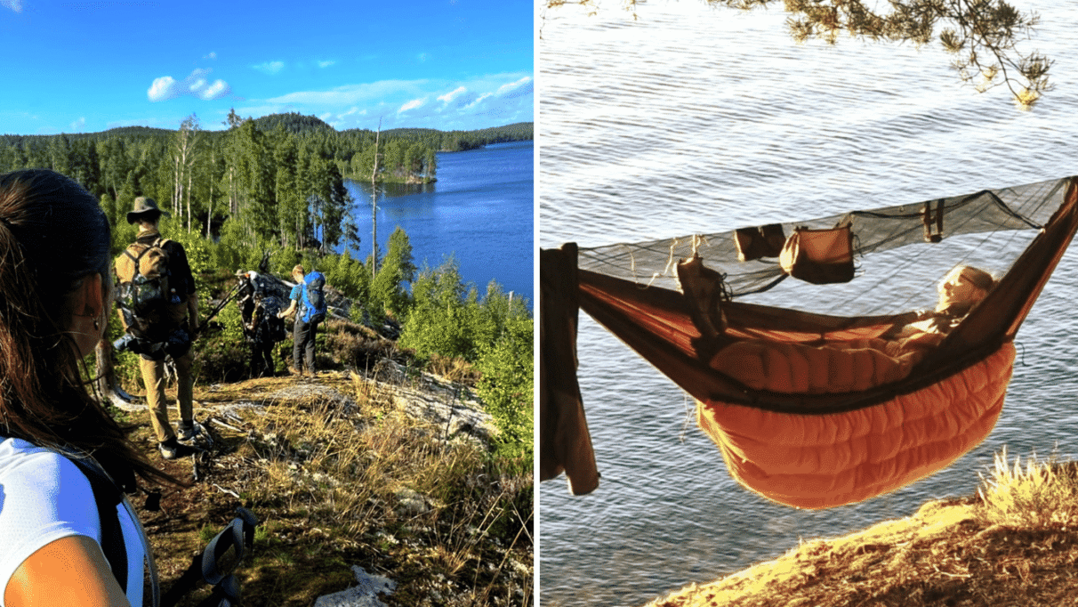 Wandelaars en hangmatkampeerder langs meren en bossen tijdens The Hammock Trail in natuurreservaat Glaskogen, Zweden