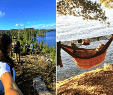 Wandelaars en hangmatkampeerder langs meren en bossen tijdens The Hammock Trail in natuurreservaat Glaskogen, Zweden