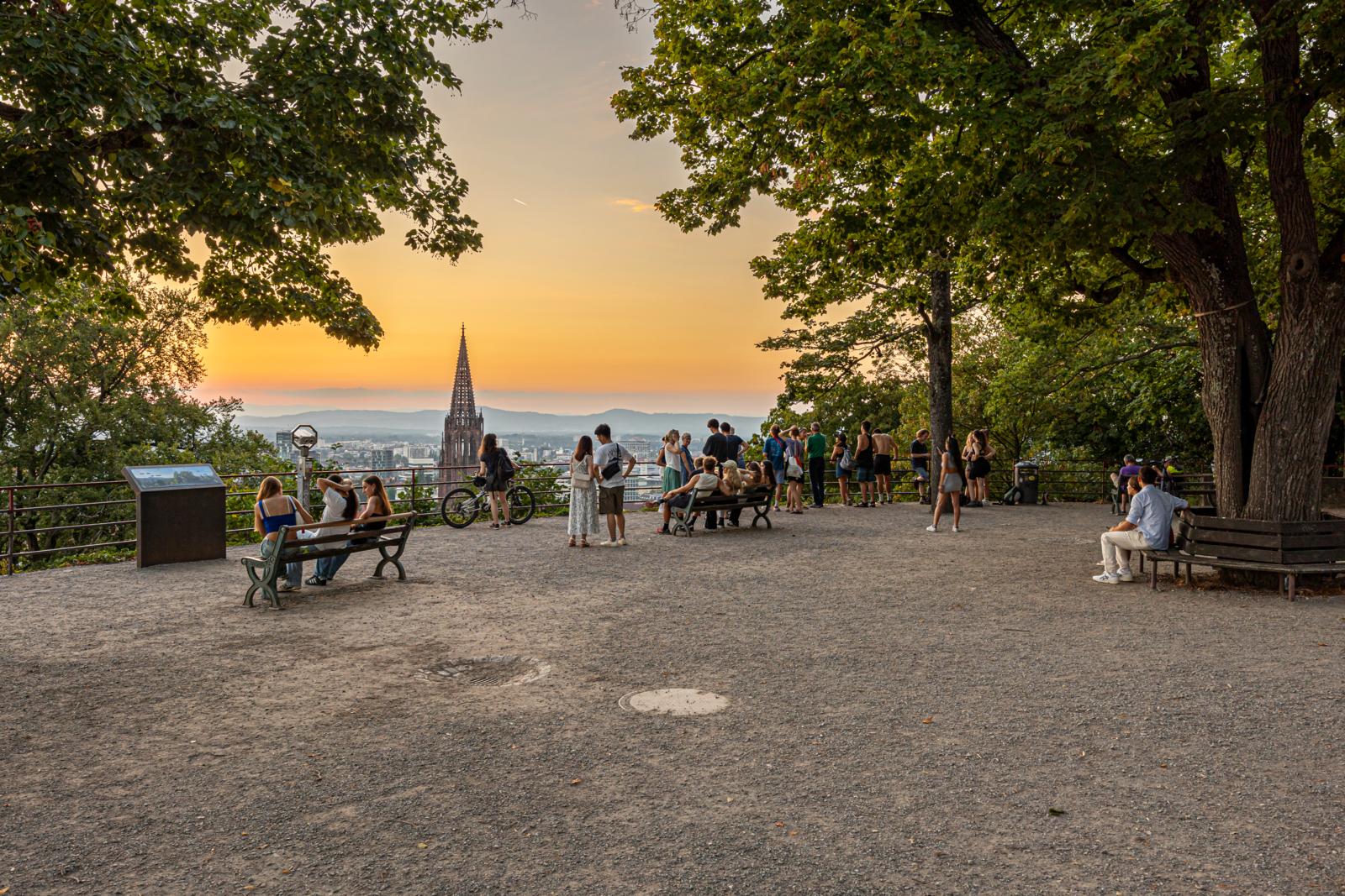 Kanonenplatz in Freiburg met uitzicht op de stad en de Münster tijdens zonsondergang.