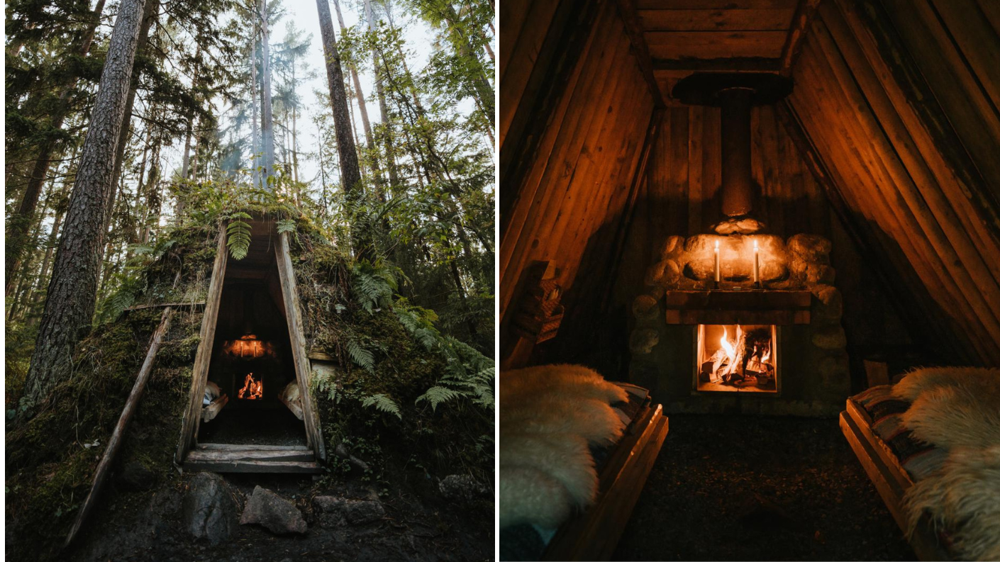 Boskamer met grasdak en haardvuur bij Kolarbyn Eco Lodge in Zweden