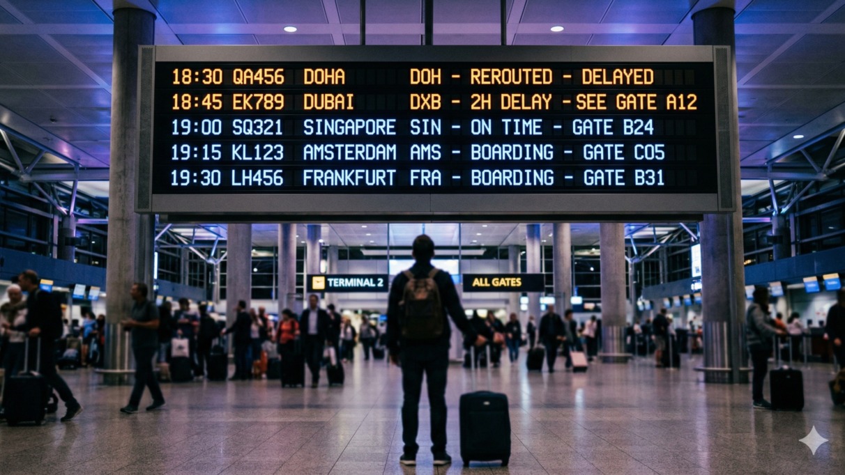 Man kijkt naar vertrekbord op vliegveld maar vertraagde of geannuleerde vluchten naar het Midden-Oosten door de Iran-oorlog