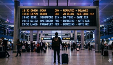 Man kijkt naar vertrekbord op vliegveld maar vertraagde of geannuleerde vluchten naar het Midden-Oosten door de Iran-oorlog