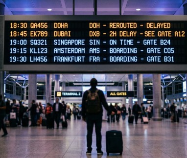 Man kijkt naar vertrekbord op vliegveld maar vertraagde of geannuleerde vluchten naar het Midden-Oosten door de Iran-oorlog