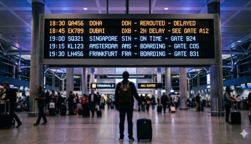 Man kijkt naar vertrekbord op vliegveld maar vertraagde of geannuleerde vluchten naar het Midden-Oosten door de Iran-oorlog