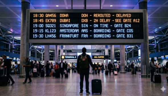 Man kijkt naar vertrekbord op vliegveld maar vertraagde of geannuleerde vluchten naar het Midden-Oosten door de Iran-oorlog