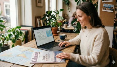Vrouw zit in cafe aan tafel met reismagazine Columbus Travel en wereldkaart, en zoekt via AI op de laptop haar beste reisroute uit