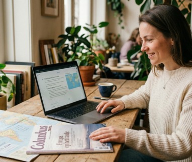 Vrouw zit in cafe aan tafel met reismagazine Columbus Travel en wereldkaart, en zoekt via AI op de laptop haar beste reisroute uit