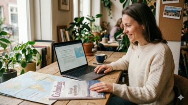 Vrouw zit in cafe aan tafel met reismagazine Columbus Travel en wereldkaart, en zoekt via AI op de laptop haar beste reisroute uit